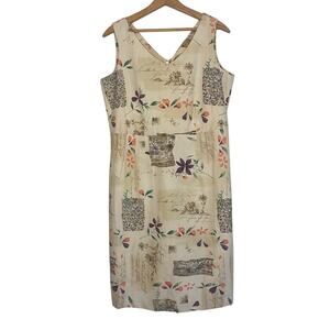 NWT Sun Moda Linen Blend Tan Floral Vacation Dress Travel Lagenlook Medium Artsy